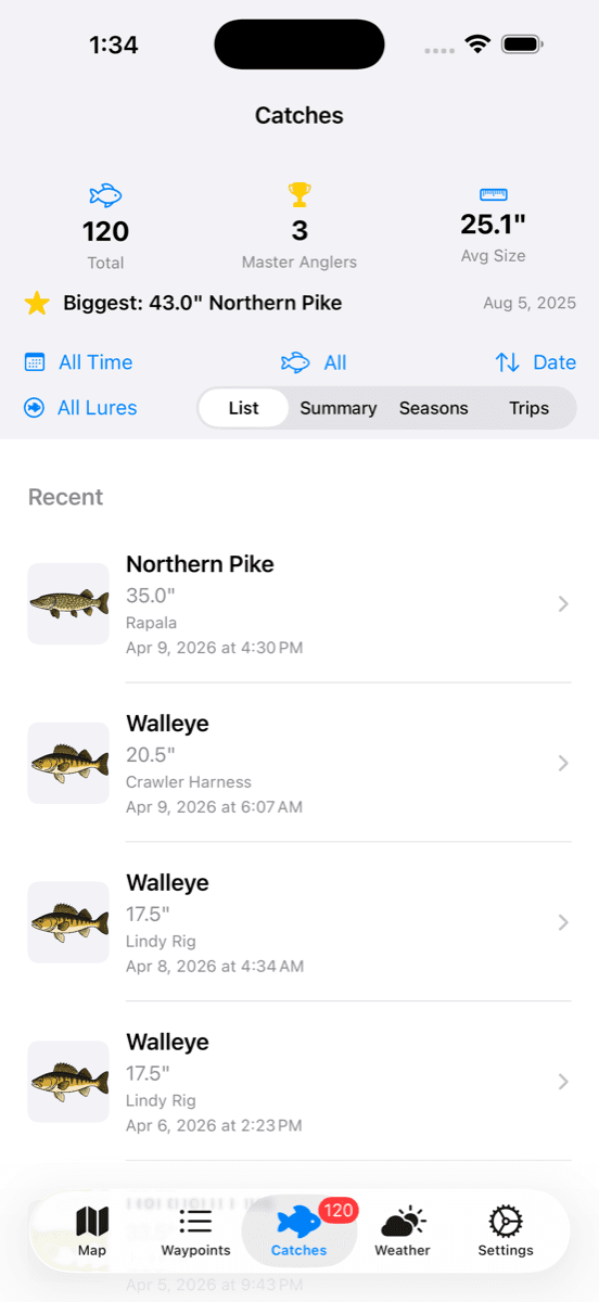 Dogskin Fishing catches tab showing 120 catches, 3 master anglers, 43 inch northern pike record
