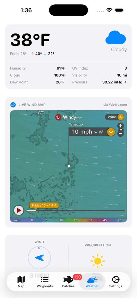 Dogskin Fishing weather tab showing live conditions and a live wind map powered by Windy.com